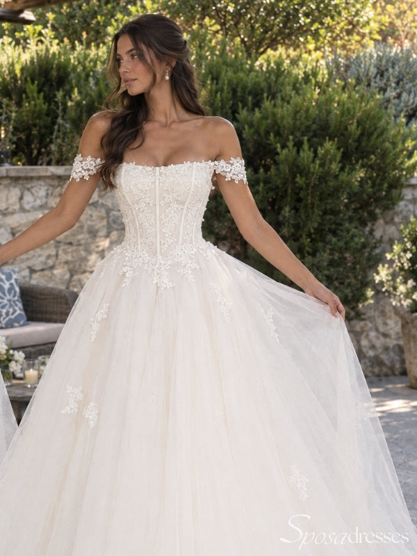 Ivory Off-the-Shoulder Floral Lace Corset A-Line Tulle Wedding Dress WD26056