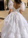 White Lace Puff Sleeve Tiered Ruffle Ball Gown Wedding Dress WD26063