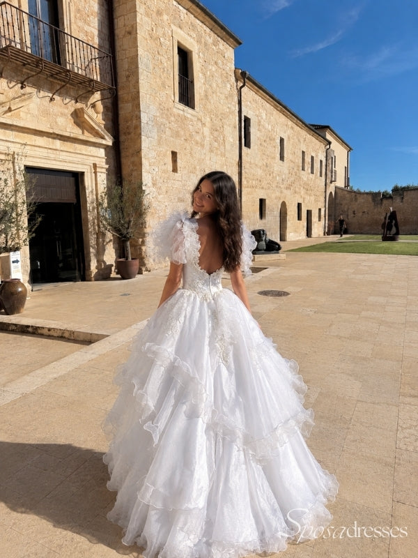 White Lace Puff Sleeve Tiered Ruffle Ball Gown Wedding Dress WD26063