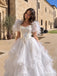 White Lace Puff Sleeve Tiered Ruffle Ball Gown Wedding Dress WD26063