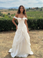 White Chiffon Overlay Satin Prom Dress Off Shoulder A-Line Corset Gown, 26015