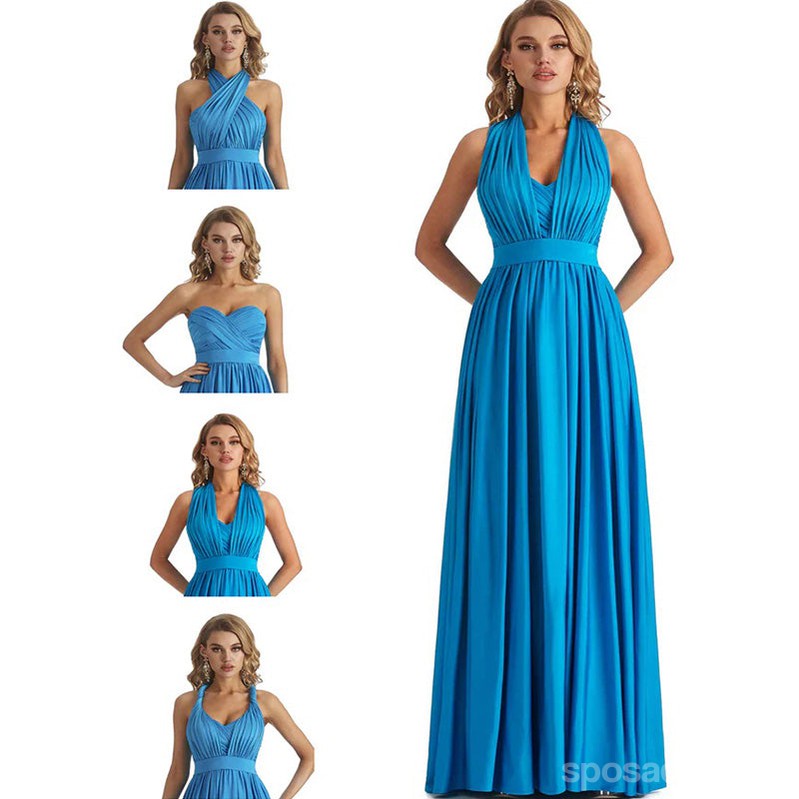 Convertible simple azul jersey de alta calidad hecho a mano hecho a mano hecho a mano hacer piso-longitud vestidos de dama de honor baratos, WG80