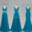Vestidos de dama de honor largos con cuello en V y abertura lateral verde azulado en línea, WG298