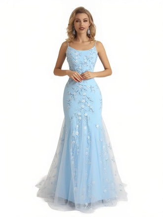 Floral Blue Mermaid Spaghetti Straps Maxi Long Party Prom Dresses,Evening Dress,13489