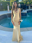 Sexy Champagne Mermaid Halter V-neck Cheap Long Prom Dresses,13043