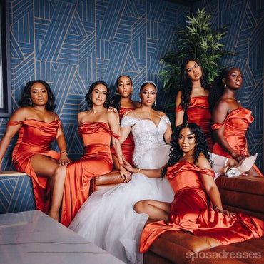 Sexy Burnt Orange Mermaid Off Shoulder Maxi Long Wedding Guest Bridesmaid Dresses,WG1750