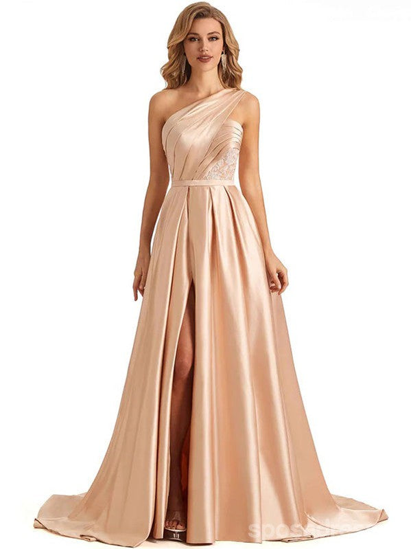 Champagne A-line One Shoulder High Slit Long Party Prom Dresses, Dance Dresses,12549