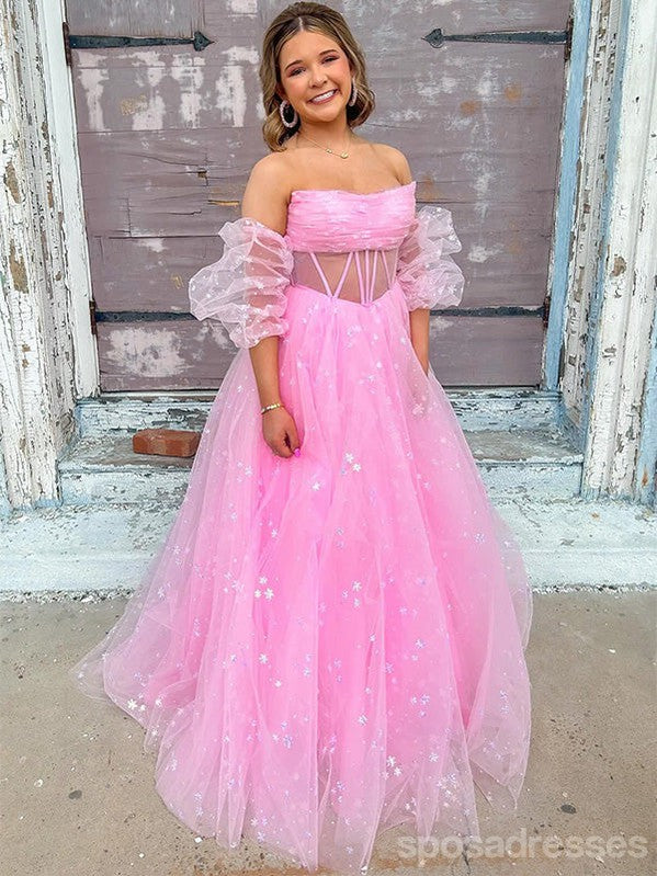 Cute Pink A-line Off Shoulder Maxi Long Party Prom Dresses,Evening Gowns,13553