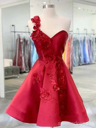 Red A-line Floral One Shoulder Short Homecoming Dresses,Short Prom Dresses,CM959
