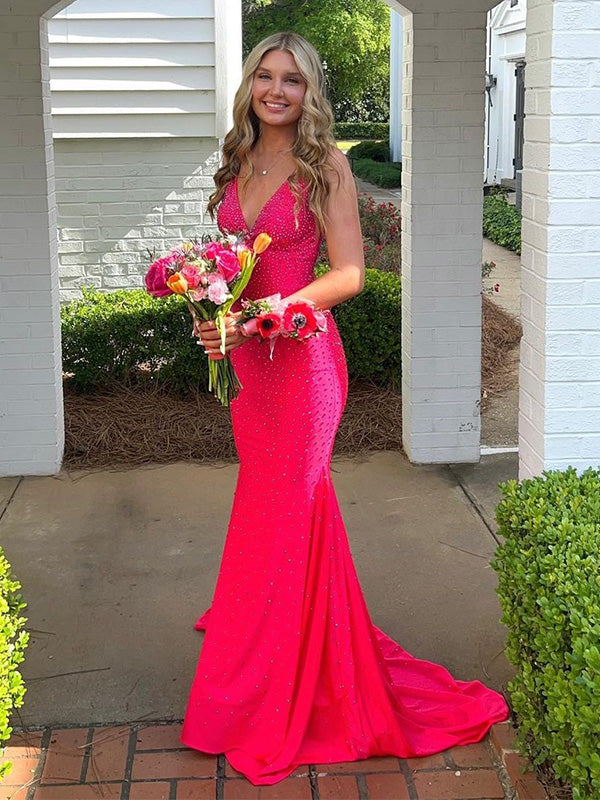 Sexy Red Mermaid V-neck Long Party Prom Dresses Ideas,Evening Gowns,13662