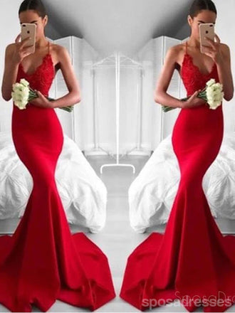 Sexy Red Mermaid Lace Evening Prom Dresses, Popular Bright Red Party Prom Dresses, Custom Long Prom Dresses, Cheap Formal Prom Dresses, 17197