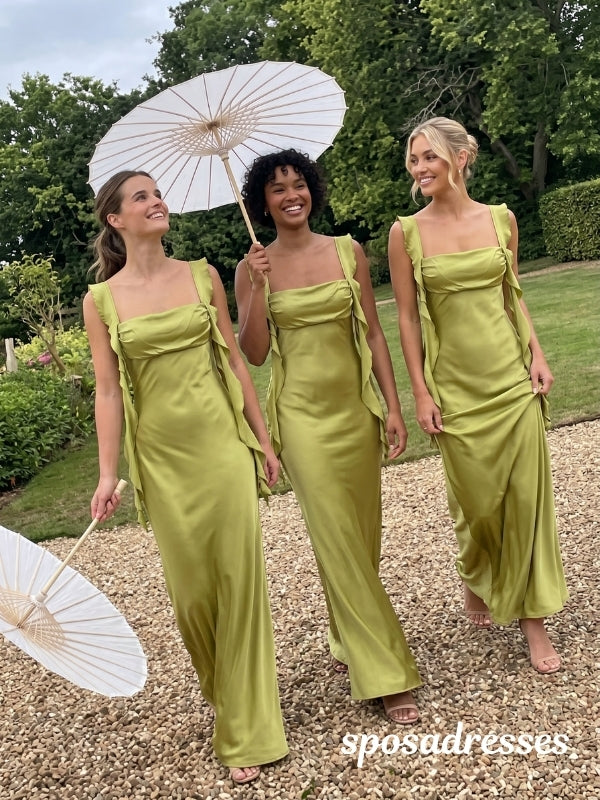Chartreuse Green Satin Square Neck Cascading Ruffle Open Back Bridesmaid Dress 26041