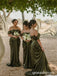 Dark Olive Green Satin Off The Shoulder Basque Waist High Slit Bridesmaid Dress 26045
