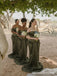Dark Olive Green Satin Off The Shoulder Basque Waist High Slit Bridesmaid Dress 26045