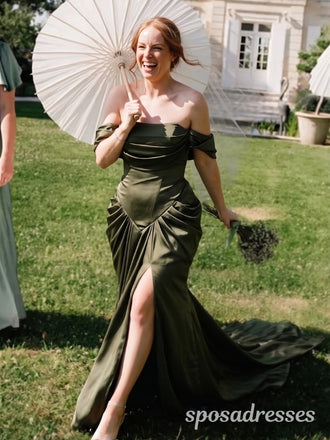 Dark Olive Green Satin Off The Shoulder Basque Waist High Slit Bridesmaid Dress 26045