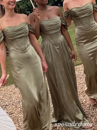 Olive Green Satin Off The Shoulder Corset Basque Waist Bridesmaid Dress 26054