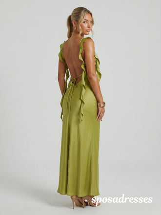 Chartreuse Green Satin Square Neck Cascading Ruffle Open Back Bridesmaid Dress 26041