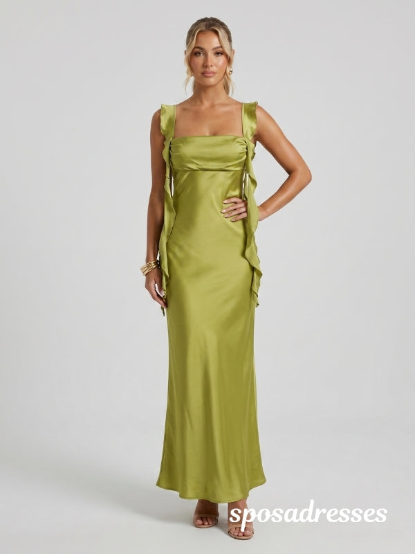 Chartreuse Green Satin Square Neck Cascading Ruffle Open Back Bridesmaid Dress 26041