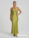 Chartreuse Green Satin Square Neck Cascading Ruffle Open Back Bridesmaid Dress 26041