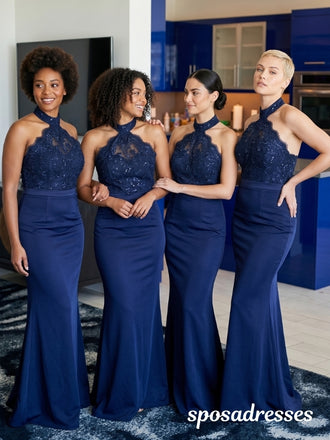 Navy Blue Lace Satin Mismatched Halter Spaghetti Strap Bridesmaid Dresses 26042