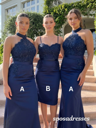 Navy Blue Lace Satin Mismatched Halter Spaghetti Strap Bridesmaid Dresses 26042