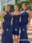 Navy Blue Lace Satin Mismatched Halter Spaghetti Strap Bridesmaid Dresses 26042