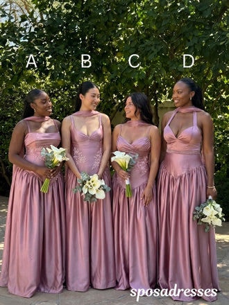 Dusty Rose Satin Mismatched Drop Waist Lace Bridesmaid Dresses 26043