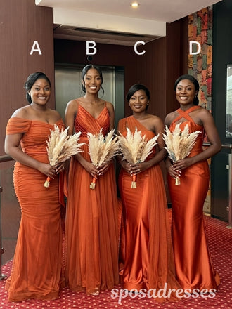 Burnt Orange Mismatched Draped Mermaid Satin Bridesmaid Dresses 26044