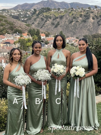Sage Green Satin Mismatched Halter One Shoulder High Slit Bridesmaid Dresses 26047