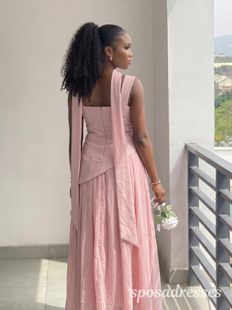Blush Pink Chiffon Asymmetrical Bodice Pleated High Slit Bridesmaid Dress 26046