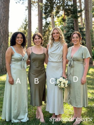 Green Satin Mismatched Tie Front Slip High Neck Bridesmaid Dresses 26050