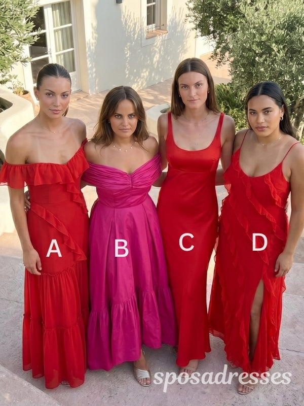 Red and Fuchsia Mismatched Ruffle Chiffon Satin Bridesmaid Dresses 26051