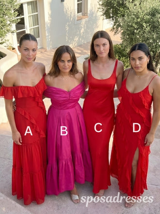Red and Fuchsia Mismatched Ruffle Chiffon Satin Bridesmaid Dresses 26051
