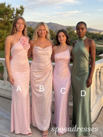 Unique Mismatched Pink Ruched Sheath Satin Bridesmaid Dresses 26052