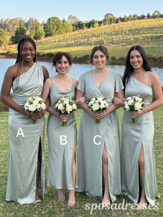 Sage Green Satin Mismatched One Shoulder Cowl V Neck Bridesmaid Dresses 26053
