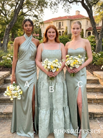 Sage Green Satin Jacquard Mismatched Crisscross Halter Strapless Bridesmaid Dresses 26056