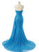 Ocean Blue Sequin Strapless Sweetheart Corset Ruched Slit Prom Evening Dress 26058