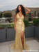 Gold Sequin Deep V Neck Open Back High Slit Prom Evening Dress 26060