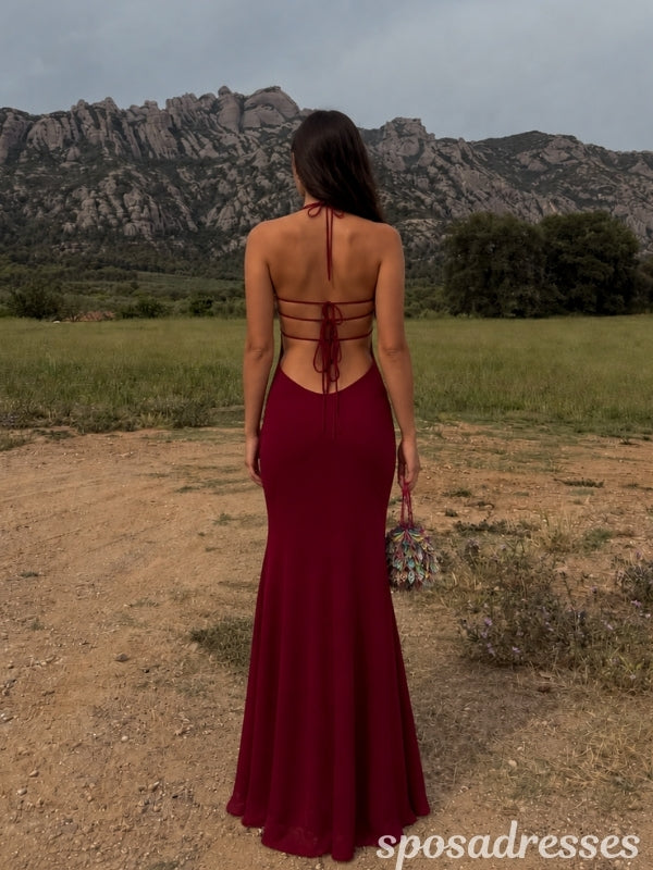 Burgundy Matte Crepe Sequin Bust Backless Formal Evening Gown 26081