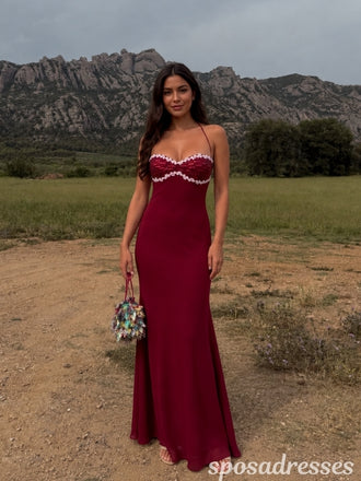 Burgundy Matte Crepe Sequin Bust Backless Formal Evening Gown 26081
