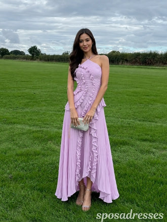 Lavender Pleated Chiffon Ruffle Halter Prom Formal Evening Gown 26082