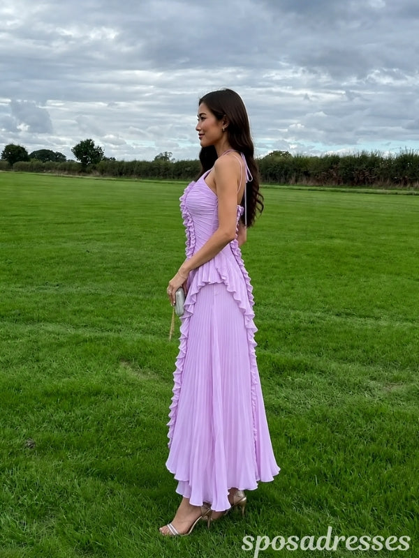 Lavender Pleated Chiffon Ruffle Halter Prom Formal Evening Gown 26082