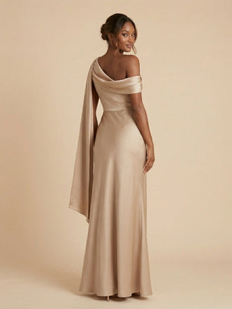 Beige Satin Asymmetrical Draped Sash Bridesmaid Dress 26032