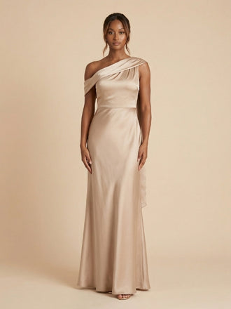 Beige Satin Asymmetrical Draped Sash Bridesmaid Dress 26032
