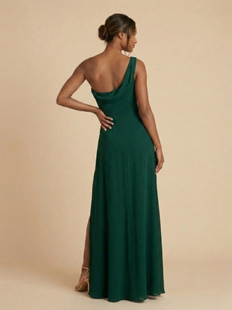 Dark Green Chiffon One Shoulder Draped High Slit Bridesmaid Dress 26033
