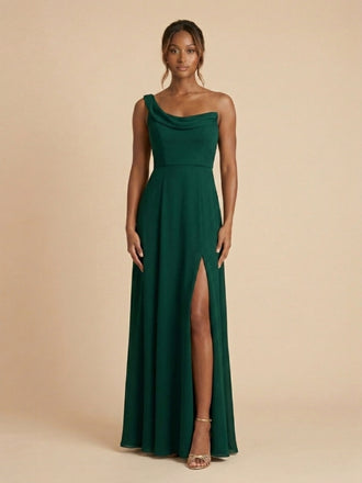 Dark Green Chiffon One Shoulder Draped High Slit Bridesmaid Dress 26033