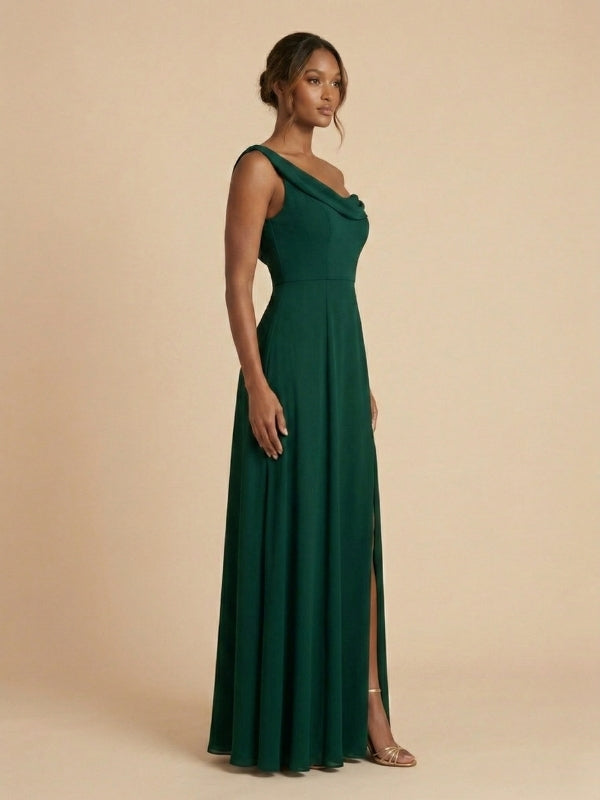 Dark Green Chiffon One Shoulder Draped High Slit Bridesmaid Dress 26033