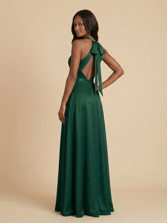 Dark Green Satin Halter High Neck Bow Back Bridesmaid Dress 26034
