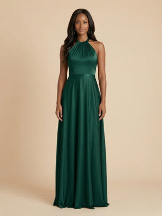 Dark Green Satin Halter High Neck Bow Back Bridesmaid Dress 26034