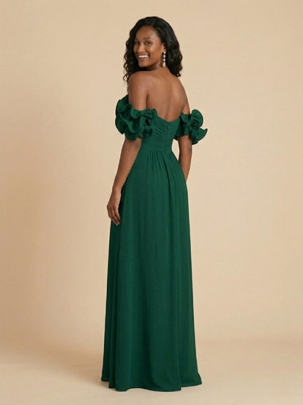 Emerald Green Chiffon Off The Shoulder Ruffle Sleeve Bridesmaid Dress 26029